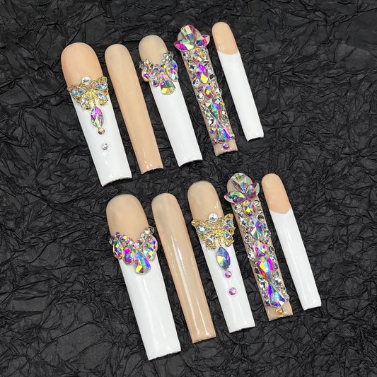 Long Square nails with French Design,AB Rhinestone,Butterfly Charms,RJ