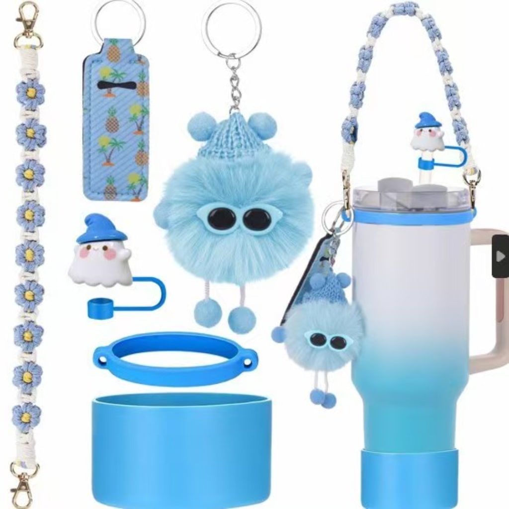 Stanley Cups Accessories With Fluffy Keychains & lid pockets,6pcs one set