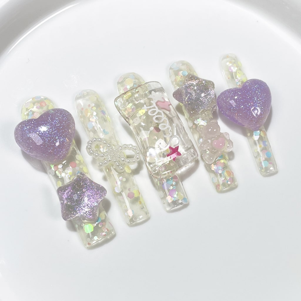 Long Square nails with Colorful Glitter,Purple Heart & Star & Bow Charms,RJ