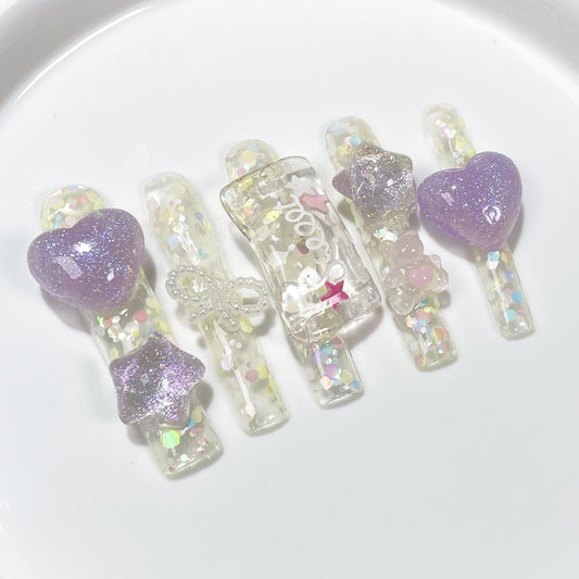 Long Square nails with Colorful Glitter,Purple Heart & Star & Bow Charms,RJ