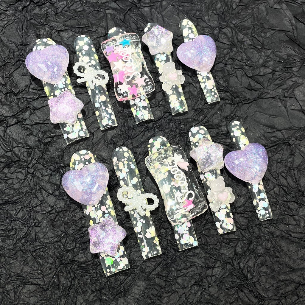 Long Square nails with Colorful Glitter,Purple Heart & Star & Bow Charms,RJ