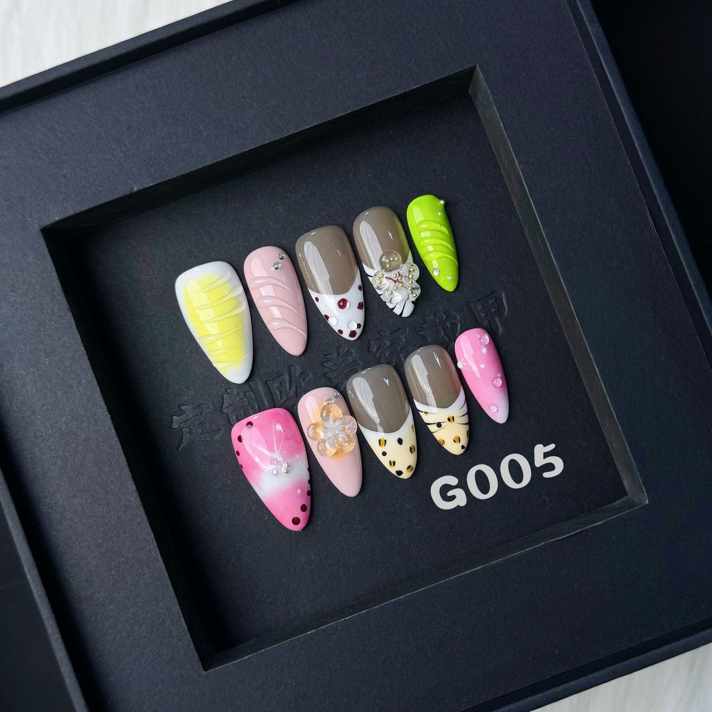 3D Flower nails with Gradient & French & Leopard Print Design,Green-pink Tones,CY