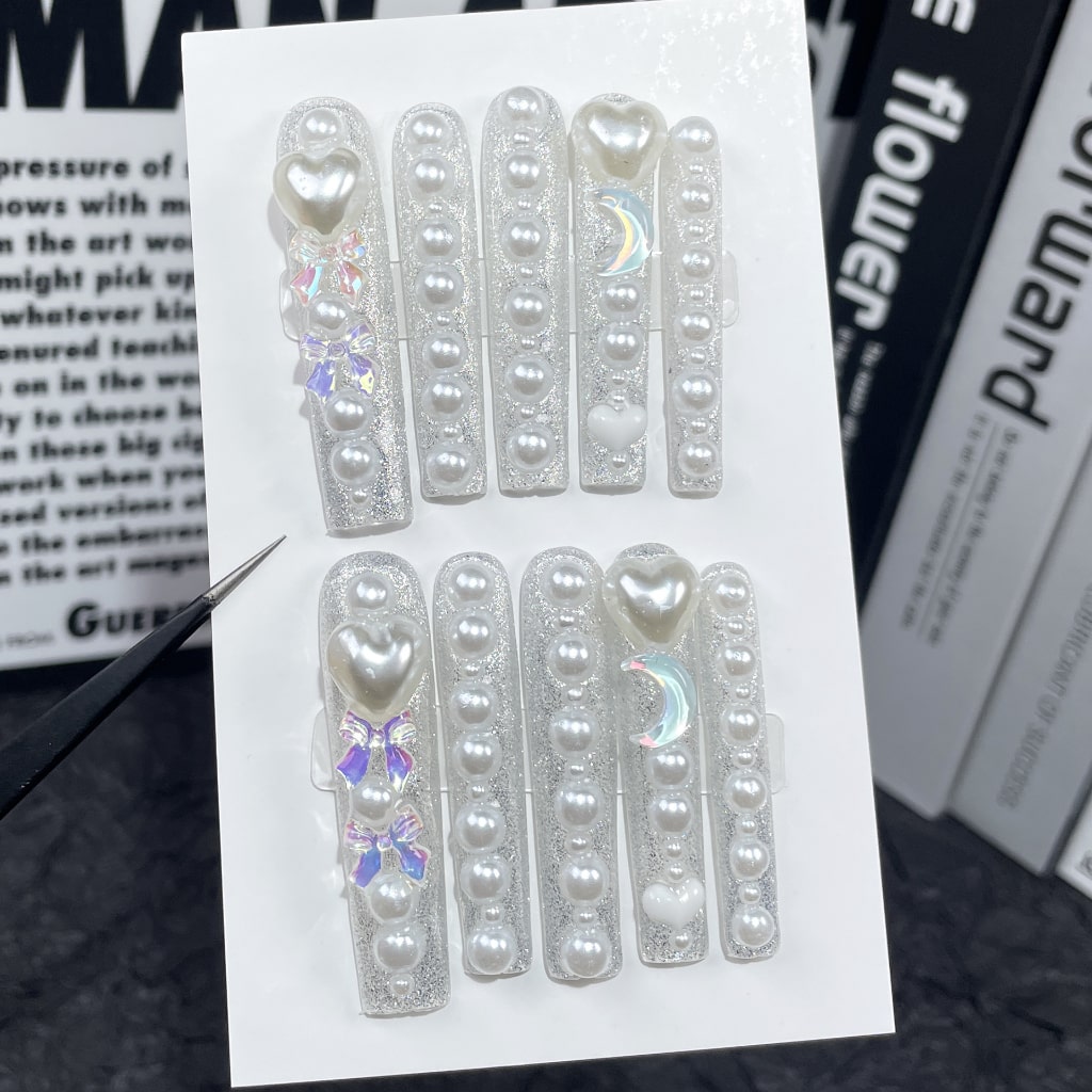 White Long Square nails with Heart & Bow Charms,Shiny Glitter,Rhinestone,RJ
