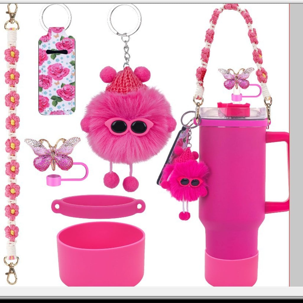 Stanley Cups Accessories With Fluffy Keychains & lid pockets,6pcs one set