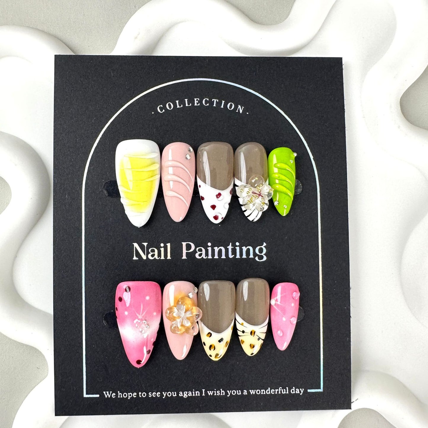 3D Flower nails with Gradient & French & Leopard Print Design,Green-pink Tones,CY
