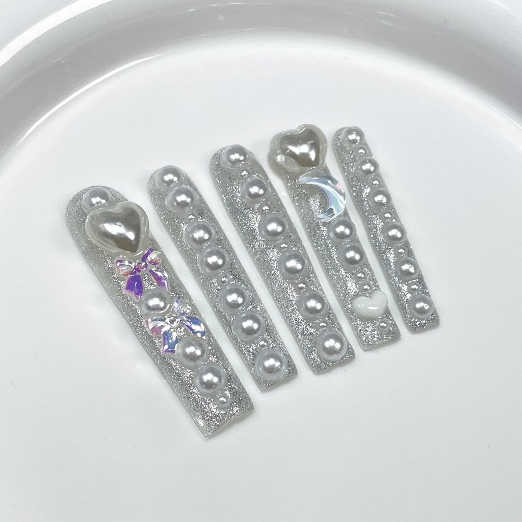 White Long Square nails with Heart & Bow Charms,Shiny Glitter,Rhinestone,RJ