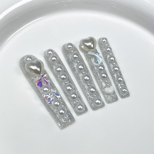White Long Square nails with Heart & Bow Charms,Shiny Glitter,Rhinestone,RJ
