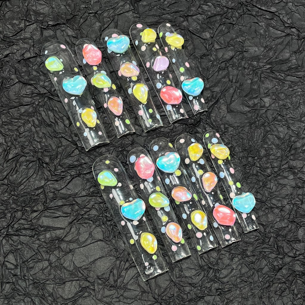 Clear Long Square nails with Colorful dots & Crystal,RJ