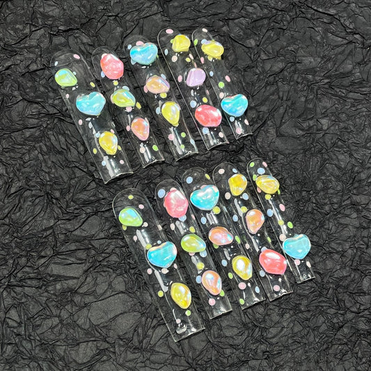 Clear Long Square nails with Colorful dots & Crystal,RJ