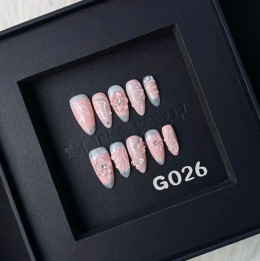 3D Flower Pink nails with Gradient Design,Pink Tones,3D Bow,CY