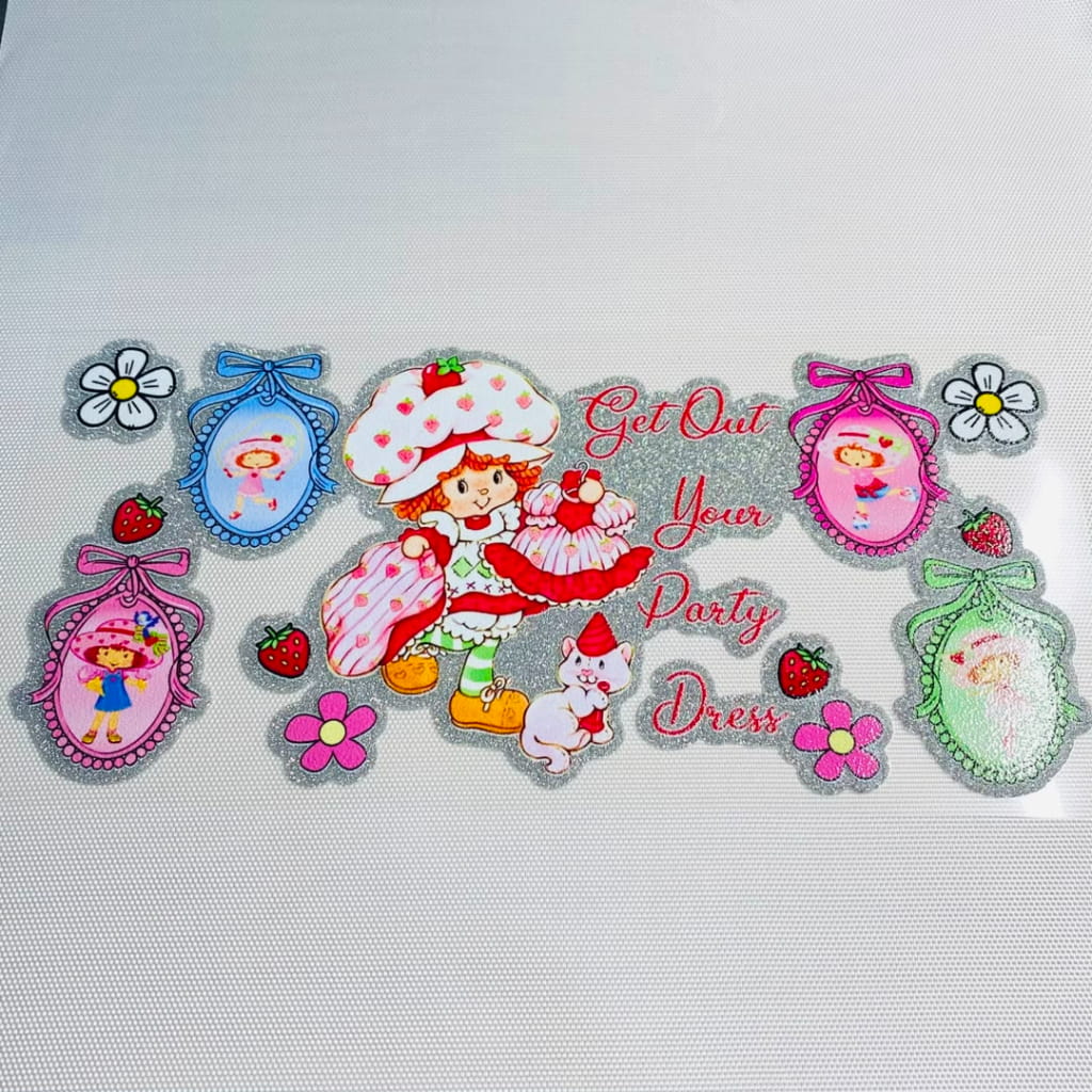 16oz UVDTF Shiny Glitter Cup Wraps, Water Proof ,Cartoon ,Strawberry Shortcake