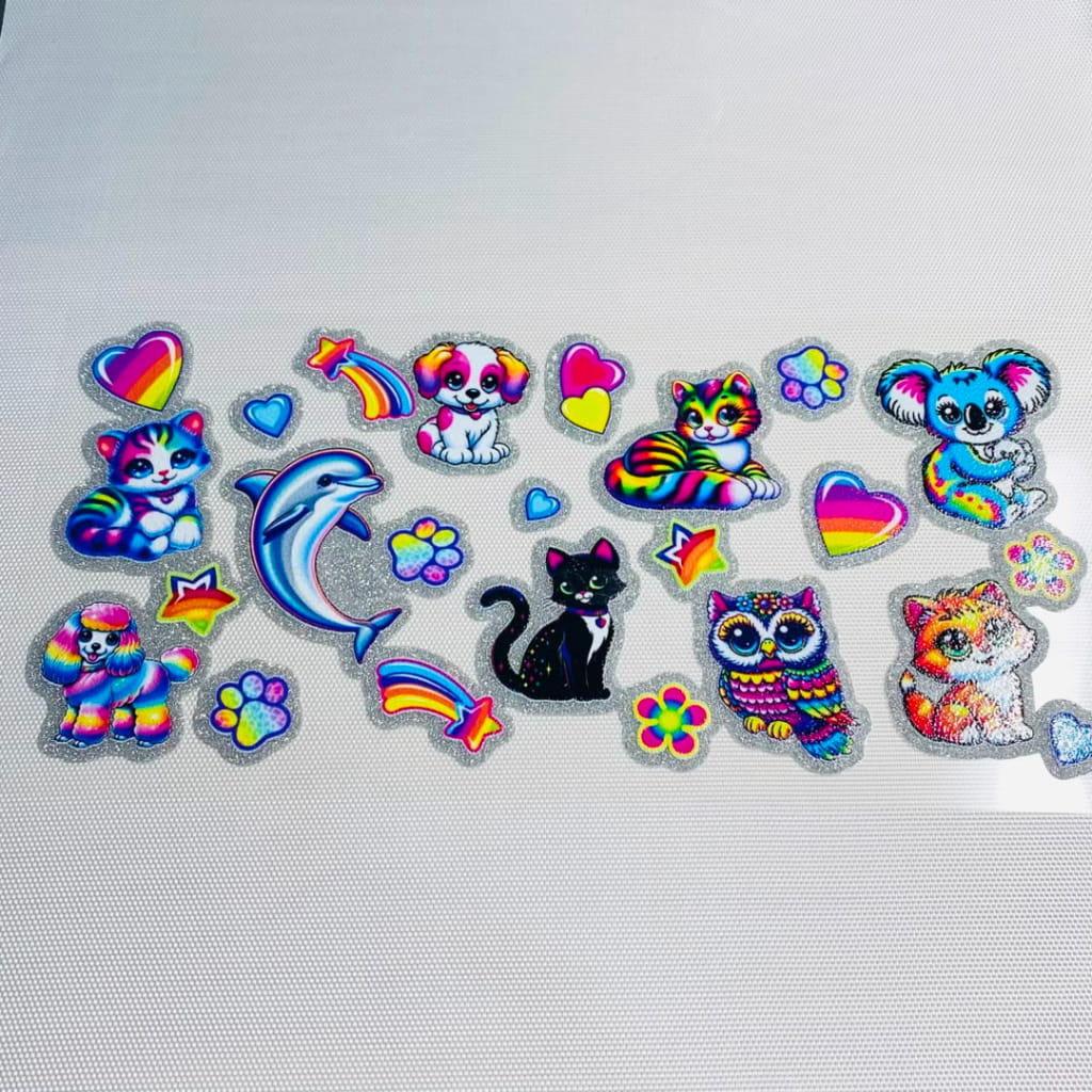 16oz UVDTF Shiny Glitter Cup Wraps, Water Proof ,Cartoon , Lisa Frank