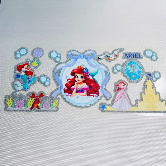 16oz UVDTF Shiny Glitter Cup Wraps, Water Proof ,Cartoon ,Princess ,Ariel & Mermaid