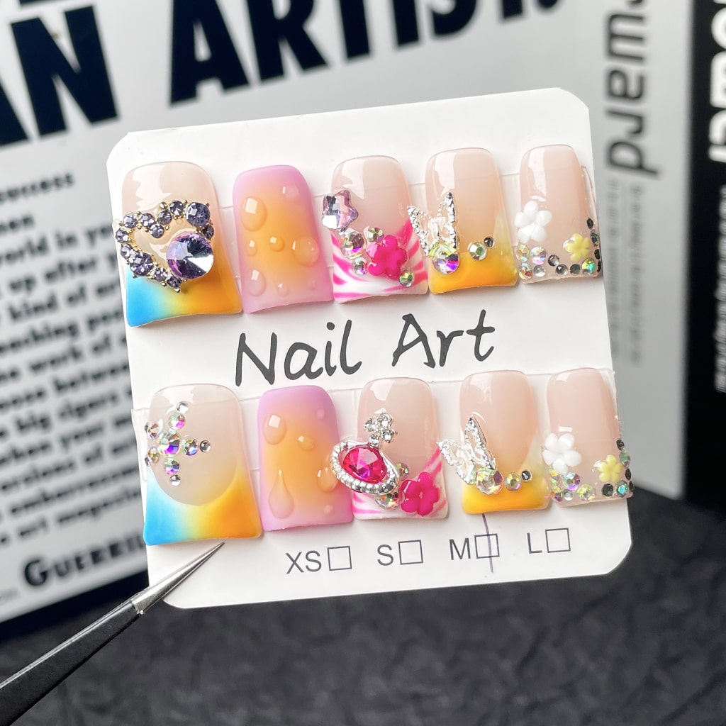 Duck nails with Rhinestone,Butterfly & Flower & Star Charms,French Style,RJ