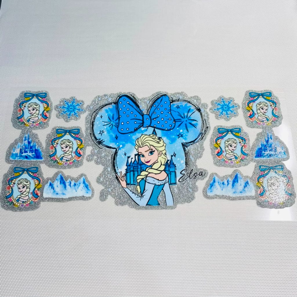 16oz UVDTF Shiny Glitter Cup Wraps, Water Proof ,Cartoon ,Elsa Princess