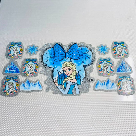 16oz UVDTF Shiny Glitter Cup Wraps, Water Proof ,Cartoon ,Elsa Princess