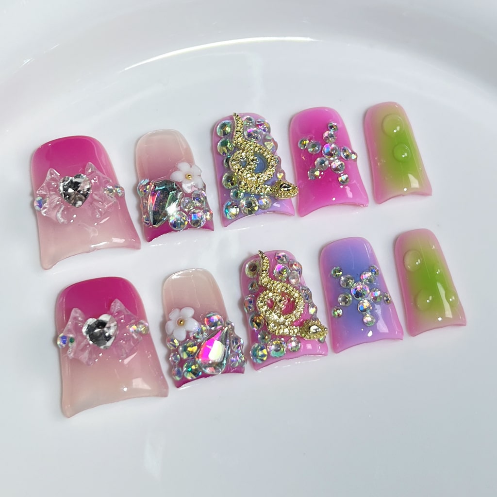 Duck nails with Rhinestone,Snake & Flower & Bow & Star Charms,French Style,RJ