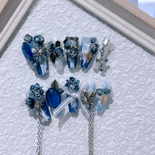 Gorgeous nails with Heart Rhinestone ,Blue Rhinestone,Blue Rose Flower,Crucifix & Cross,White Bow,and Long Chain ,NK