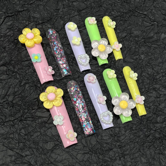 Long Square nails with Color Shiny Glitter,3D Flower & Heart Charms,RJ