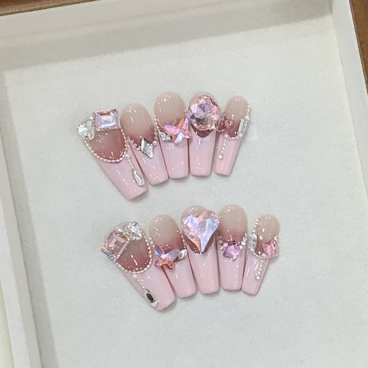 Pink nails with Butterfly & Heart & Flower Rhinestone,French Style ,YZG