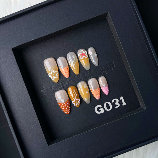 3D Flower Shell Shaped nails with Gradient & French & Line Design,Orange Tones,CY