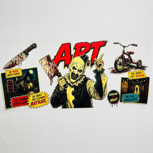 16oz UVDTF Cup Wraps,Halloween, Horroible, Spooky Vibes, Terrifier ,Art the Clown