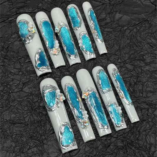 Long Square nails with Blue Cat Eye Design,Butterfly Rhinestone,Pearl,RJ