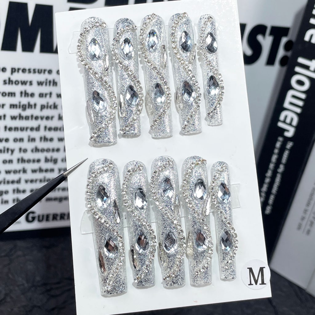 Silver Long Square nails with Clear Rhinestone,Long Chain,RJ