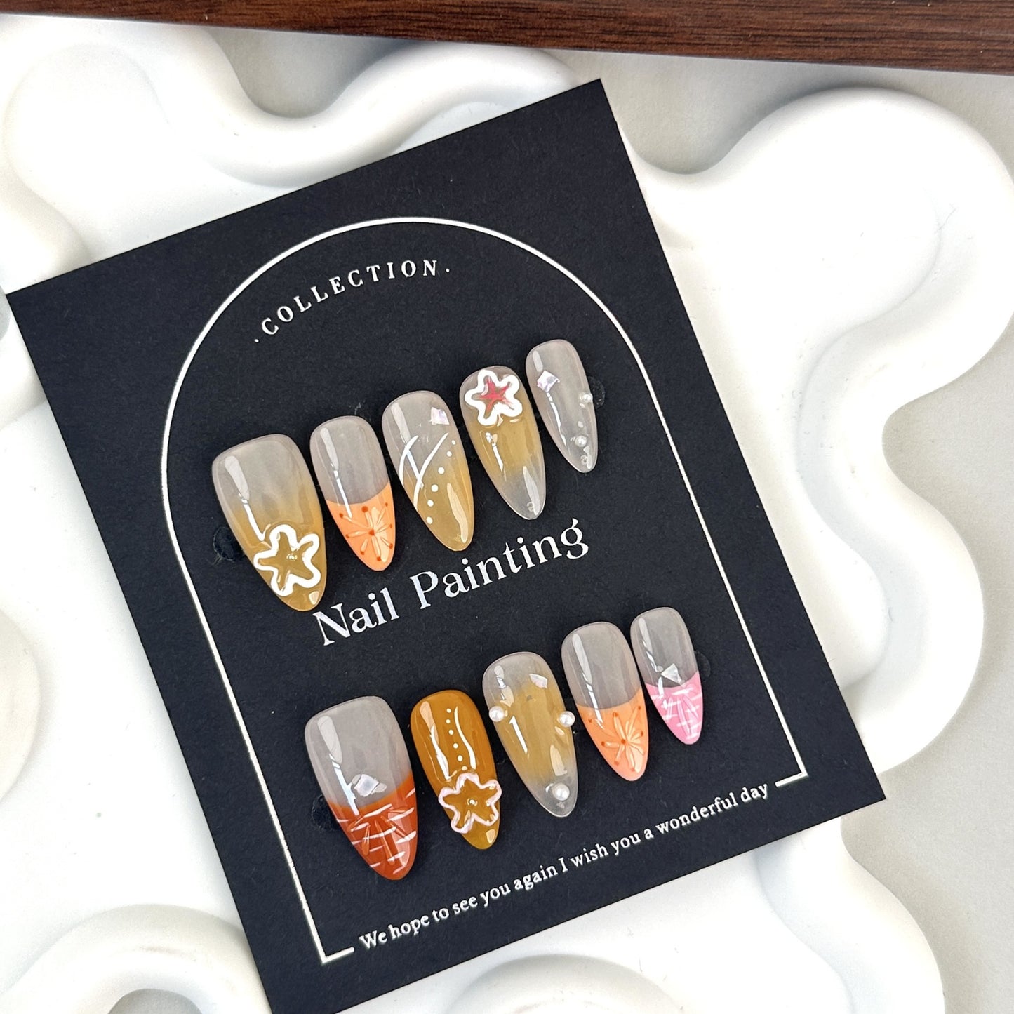 3D Flower Shell Shaped nails with Gradient & French & Line Design,Orange Tones,CY