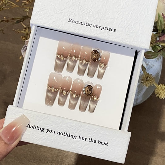 Brown cat eye nails with Small Rhinestone ,YZG