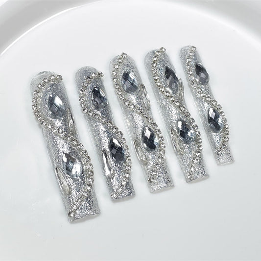 Silver Long Square nails with Clear Rhinestone,Long Chain,RJ