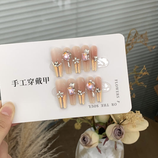 Laser Long-Thin nails with French,Rhinestone and Flower Design ,YZG