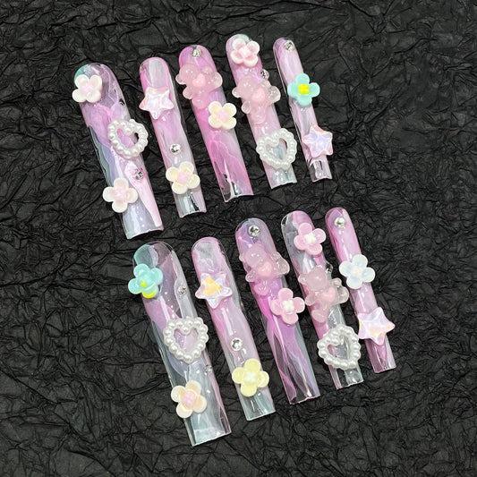 Pink Long Square nails with Gradient Design,3D Flower & Star & Bear & Heart Charms,RJ