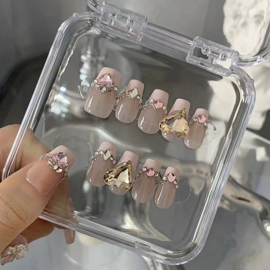 Pink nails with French,Heart & Little Rhinestone ,YZG