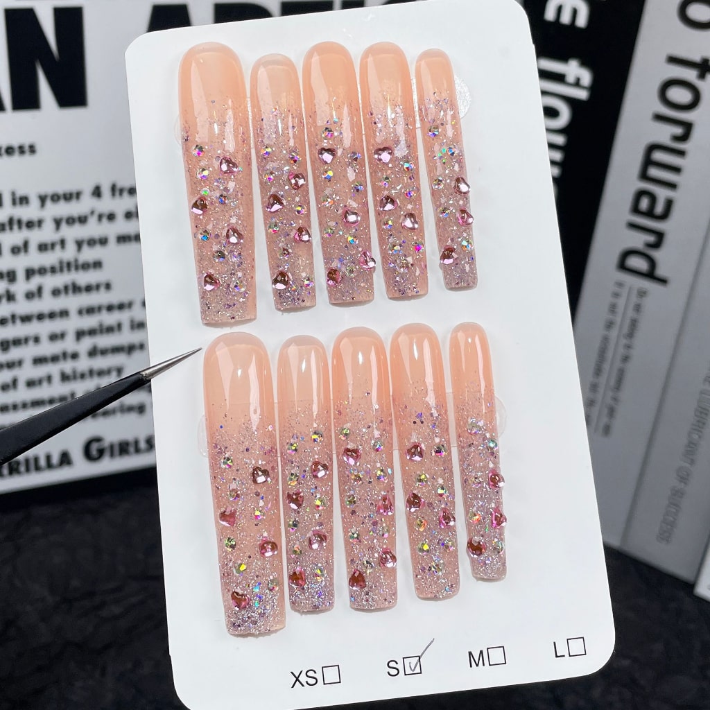 Shiny Shiny Long Square nails with Shiny Glitter & Pink Rhinestone,RJ