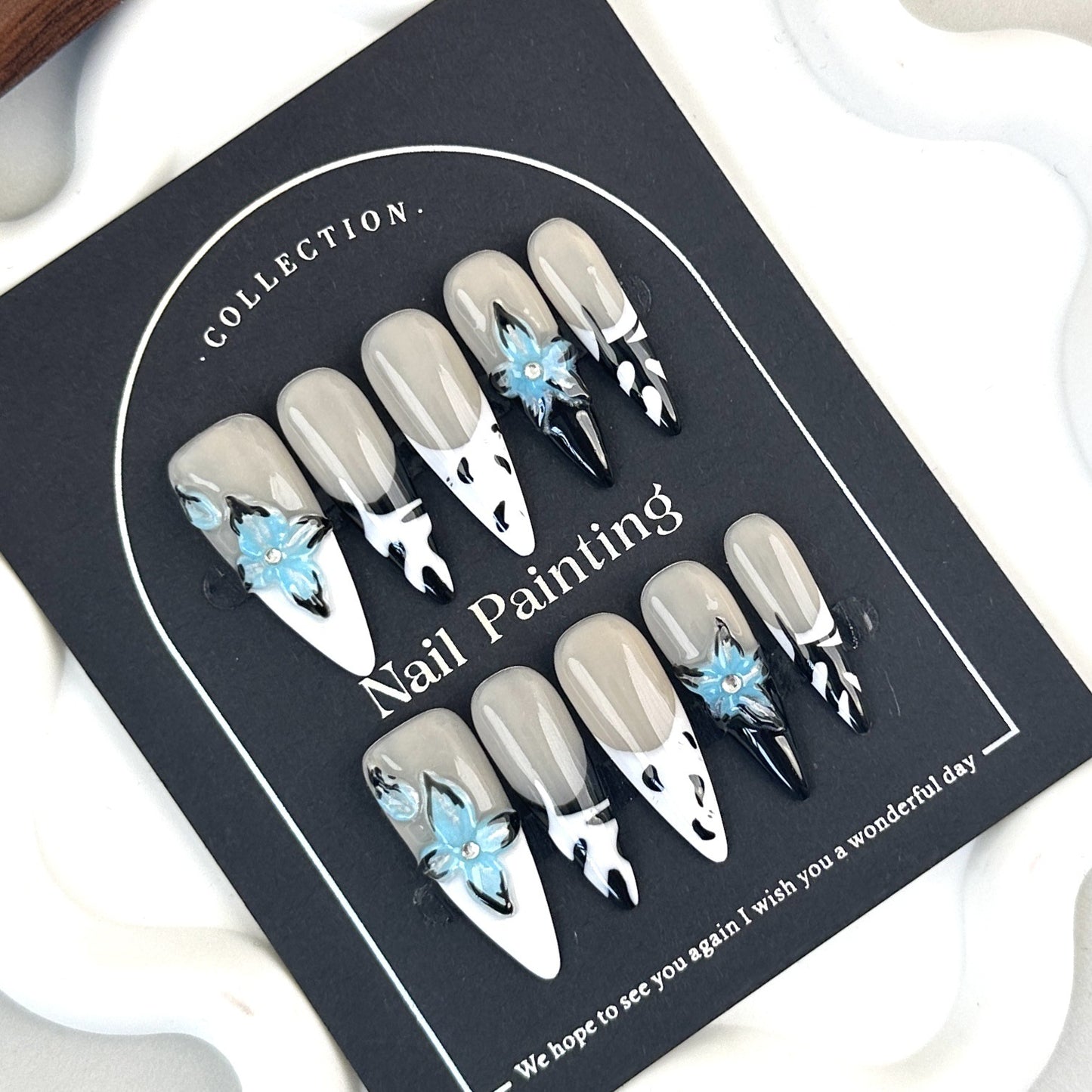 3D Blue Flower nails with French & Line Design,Black-white Tones,CY