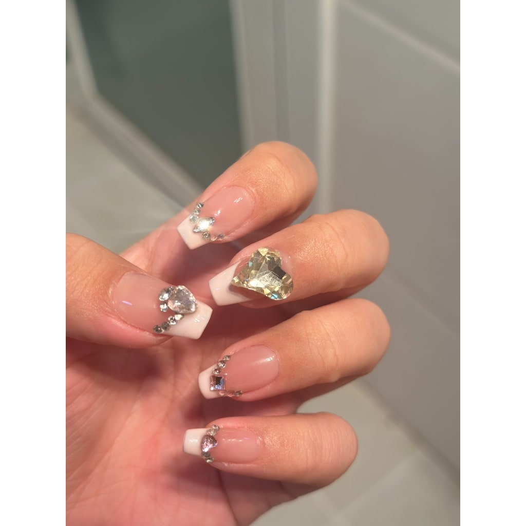 Pink nails with French,Heart & Little Rhinestone ,YZG