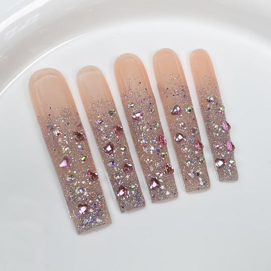 Shiny Shiny Long Square nails with Shiny Glitter & Pink Rhinestone,RJ