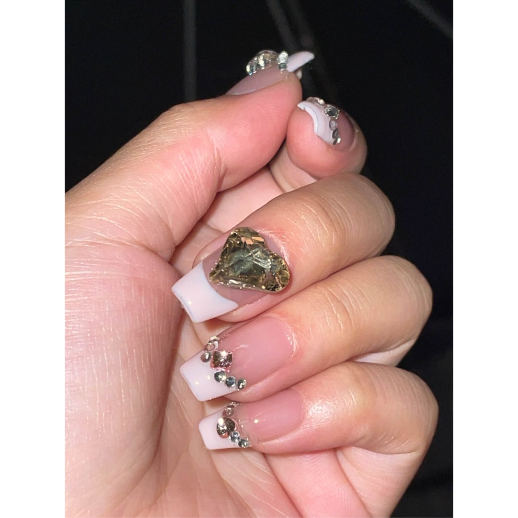 Pink nails with French,Heart & Little Rhinestone ,YZG