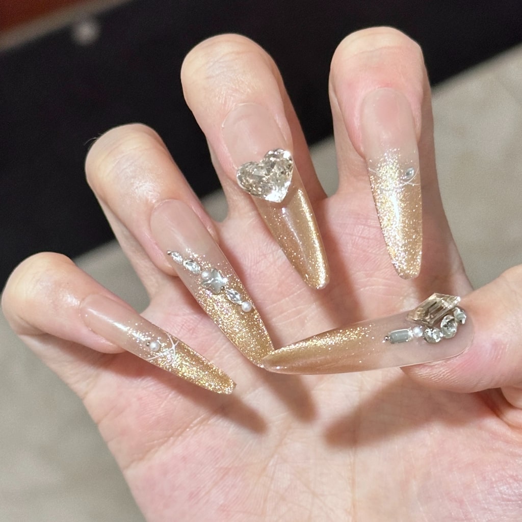 Nude cat eye Long-Thin nails with Heart & Little Rhinestone,Gradient,Pearl ,YZG