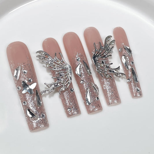 Long Square nails with Shiny Glitter,Rhinestone,Alloy Butterfly Charms,RJ