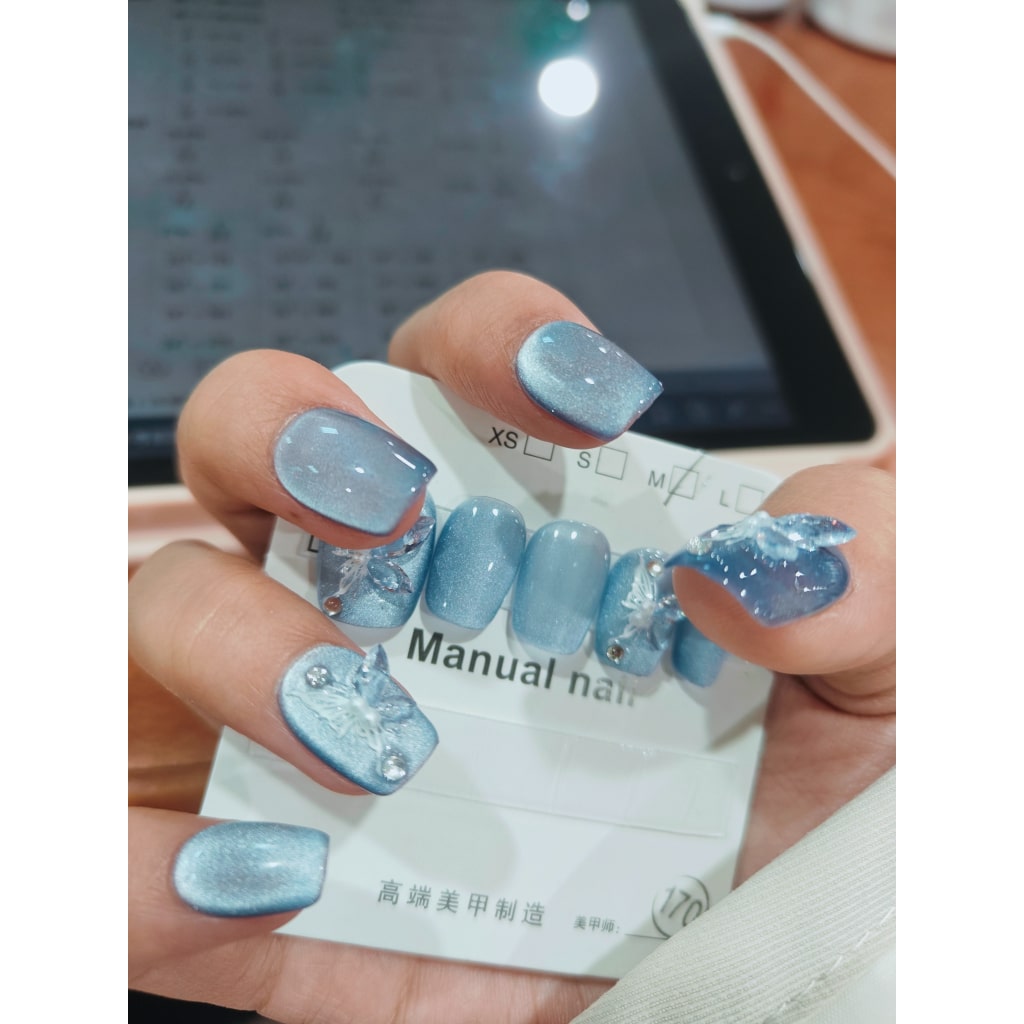 Blue Short nails with Butterfly & Cat eye Design,Rhinestone ,YZG