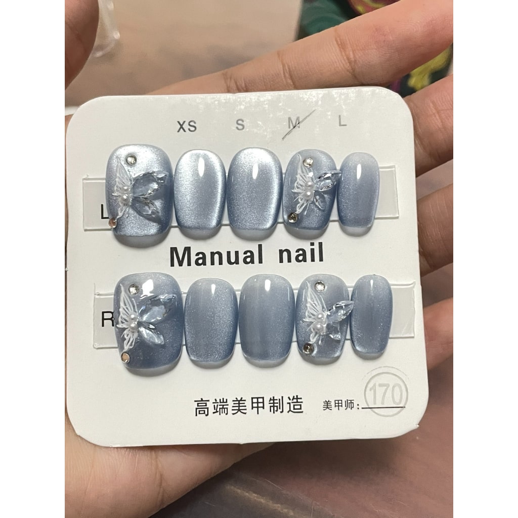 Blue Short nails with Butterfly & Cat eye Design,Rhinestone ,YZG