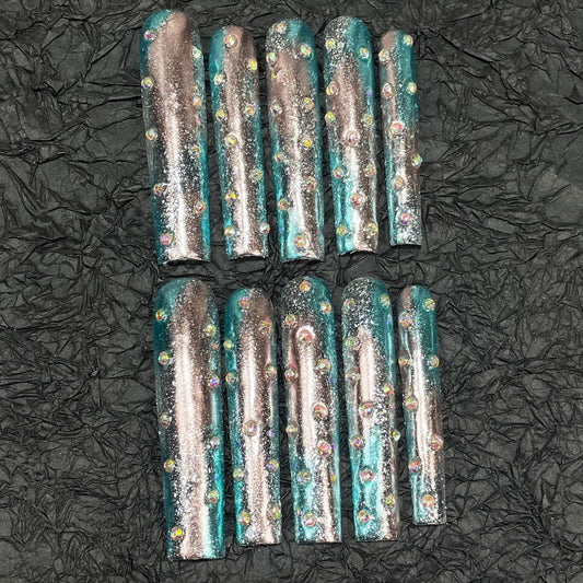 Long Square nails with Pink-blue Gradient Design,AB Rhinestone,RJ