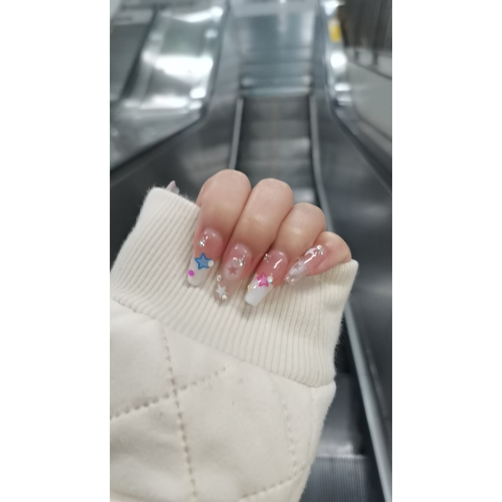Pink nails with Rhinestone,Star Design,French
