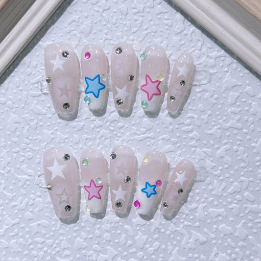 Pink nails with Rhinestone,Star Design,French