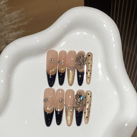 French Long-Thin nails with Cat eye & Dot print Design,Rhinestone,YZG