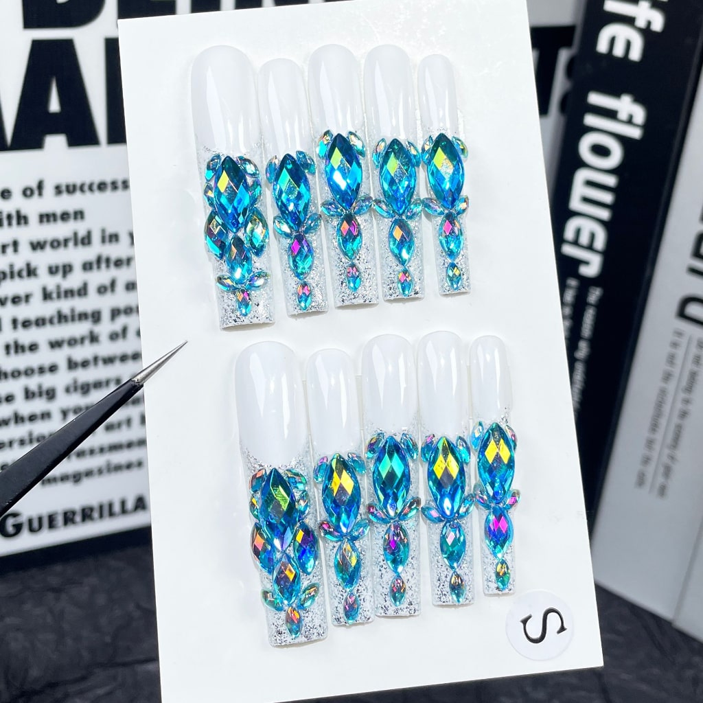 White Long Square nails with French Design,Blue Rhinestone,Shiny Glitter,RJ