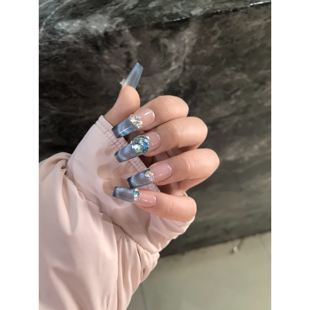 French Long-Thin Cat Eye nails with Blue Rhinestone ,YZG