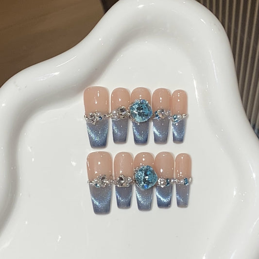 French Long-Thin Cat Eye nails with Blue Rhinestone ,YZG